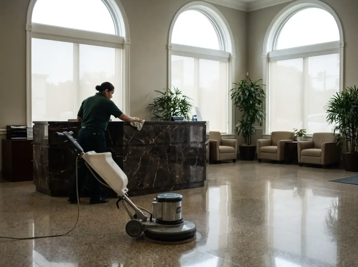 Préposée qui polit le plancher du hall d'une banque à la machine