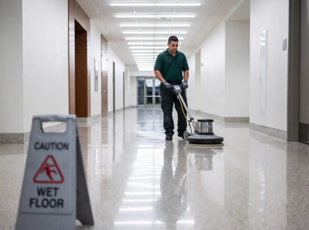 Préposé qui polit le plancher d'un corridor, près d'un panneau « plancher mouillé »