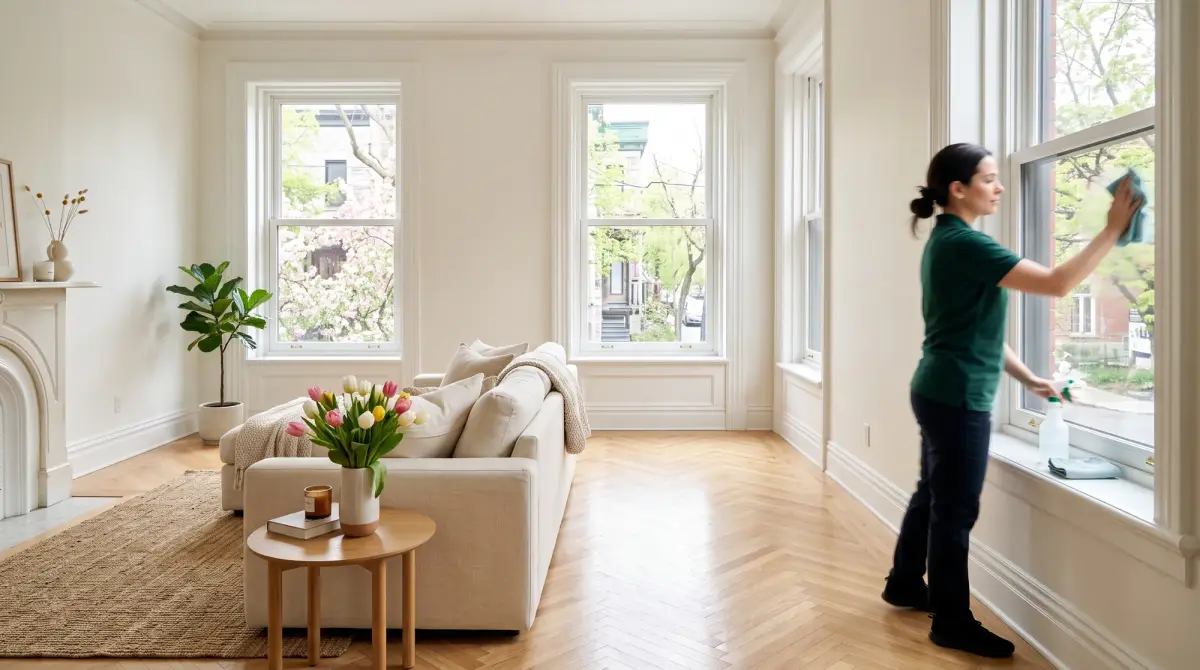 Salon lumineux fraîchement nettoyé à Montréal, avec une préposée de Ménage Printemps près de la fenêtre
