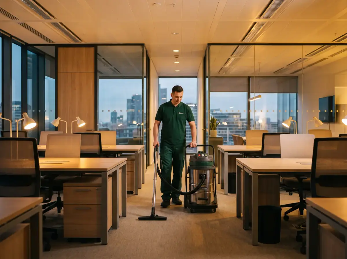 Préposé qui passe l'aspirateur dans un bureau à aire ouverte après les heures