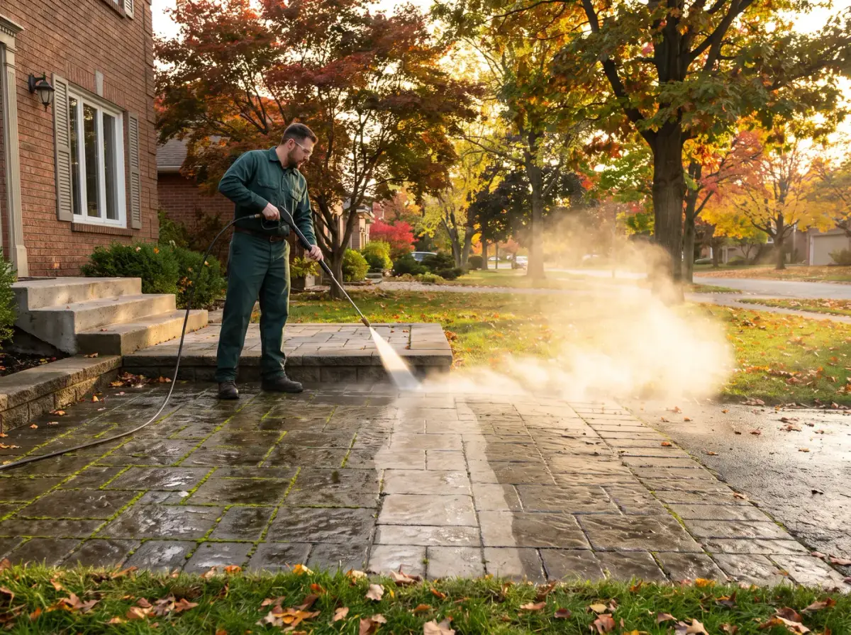 Lavage à pression d'une allée en pavé uni