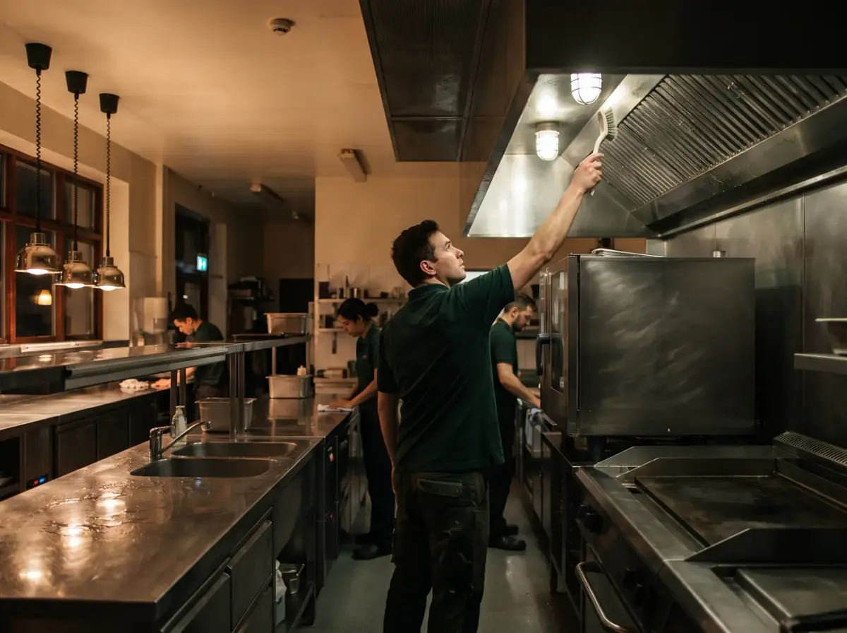 Préposé qui dégraisse la hotte d'une cuisine de restaurant